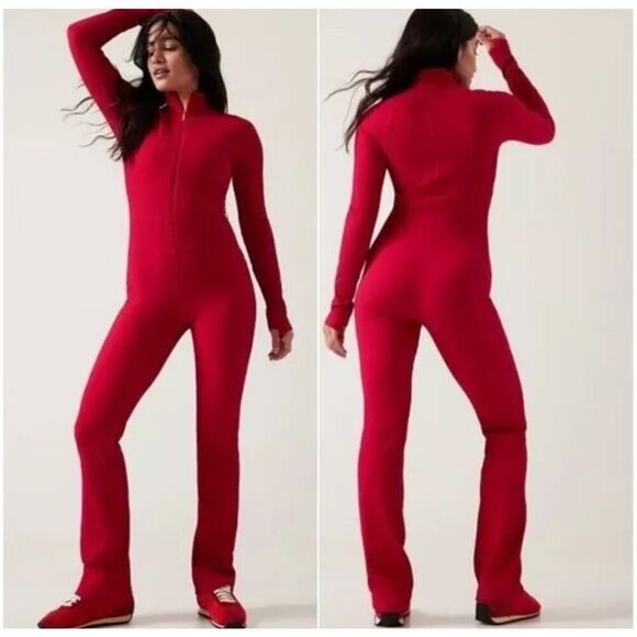 Athleta x Alicia Keys Red Ribbed Goddess Jumpsuit L PowerVita Fabric - Picture 1 of 12